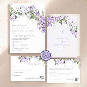 Lilac Wedding Invitation Template, Purple Floral Wedding Invite Set Template, Editable Wedding Invite Lilac Invitation Card E124