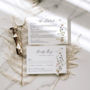 Op de afbeelding: Een witte RSVP-kaart voor een bruiloft met een bloemenontwerp. De kaart heeft een sectie voor de naam van de gast, een selectievakje voor "Kan niet wachten!", een selectievakje voor "Kan niet komen", een selectievakje voor "Nee, aanwezig", en een ruimte voor de gast om zijn antwoord te schrijven. De kaart bevat ook de tekst "RSVP graag v&oacute;&oacute;r 15 augustus" en "Ik beloof te dansen als je reageert".