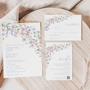 Floral Garden Wedding Invitation Template Editable, Pastel Wildflower Wedding Invitation Set E109