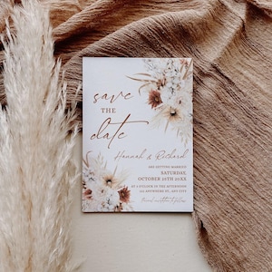 Plantilla de invitación para guardar la fecha de estilo boho, tarjetas de invitación para guardar la fecha para bodas en terracota, invitación para guardar la fecha de Evite, editable digitalmente, boho, óxido, hierba de las pampas E093