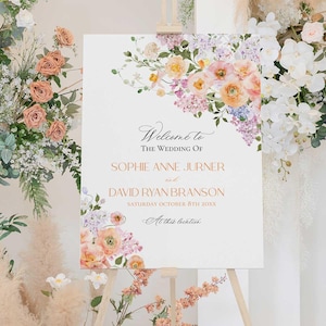Spring Floral Wedding Sign Template Printable, Peach Purple Wedding Welcome Signs Template, Signage Large Sign Poster E023
