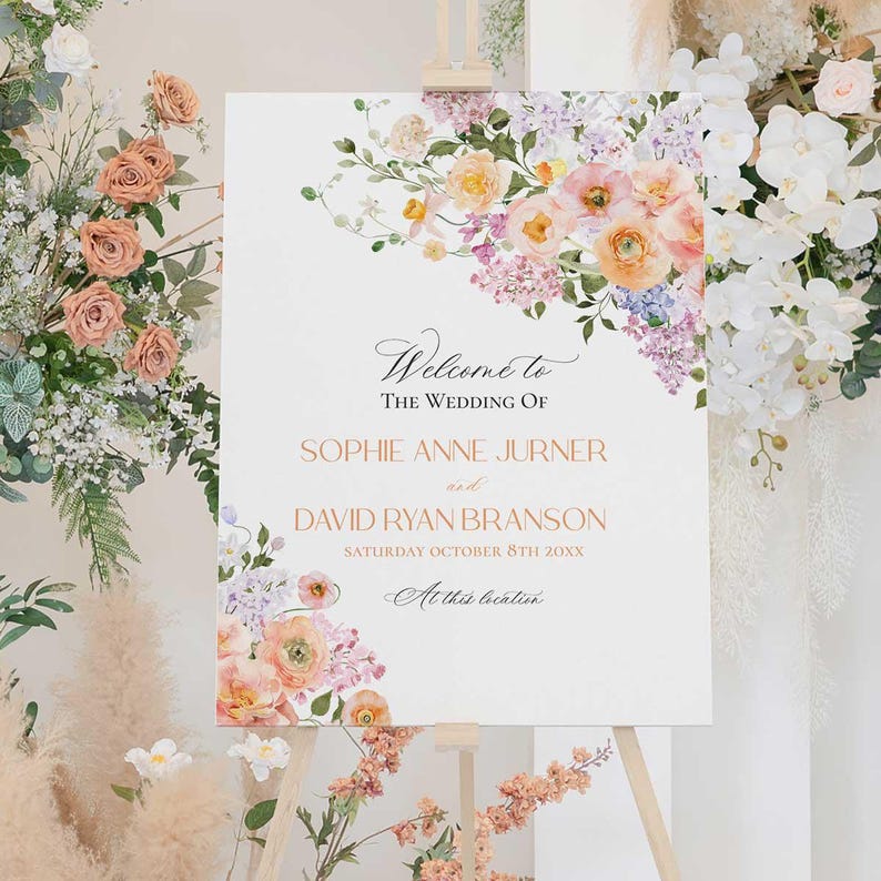 Spring Floral Wedding Sign Template Printable, Peach Purple Wedding Welcome Signs Template, Signage Large Sign Poster E023