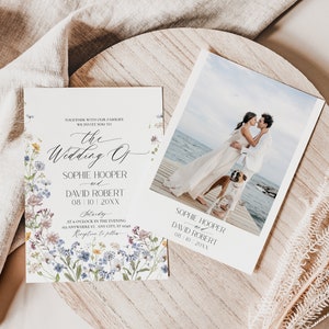 May include: A wedding invitation with a floral design and a photo of a couple on a beach. The invitation text reads "The Wedding of Sophie Hooper and David Robert 08 10 20XX Saturday at 6 o'clock in the evening anywhere in the city, st. hans Reception to follow"