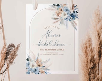 Dusty Blue Boho Brautdusche Willkommensschild, druckbares Dusty Blue Boho Shower Sign, bearbeitbares Blaues Boho Pampasgras Willkommensschild B055