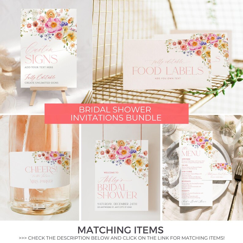 Op de afbeelding: Een set met printbare bruidsdouche-uitnodigingen met een bloemenontwerp. De uitnodigingen hebben een aquarelbloemenpatroon met roze, gele en witte bloemen. De tekst op de uitnodigingen omvat "Bridal Shower", "Welcome to", "Ashley's", "Saturday, December 24th" en "Anywhere, Any City, Time".