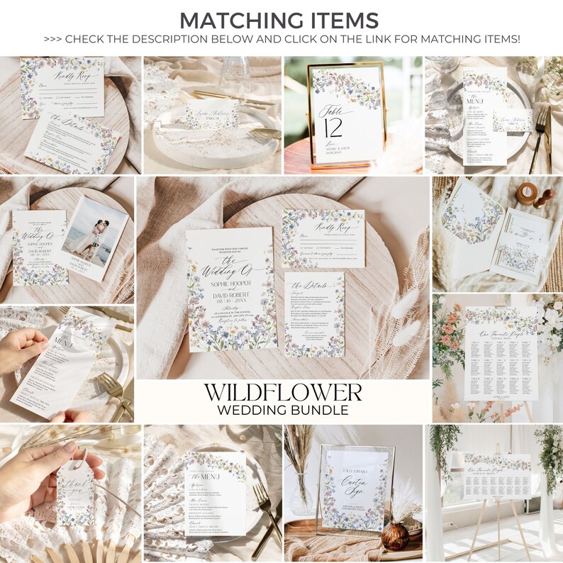 May include: A wedding invitation suite with a wildflower theme. The suite includes a save the date card, invitation, RSVP card, details card, menu card, table number card, and a seating chart. The cards feature a watercolor design with blue, purple, and yellow wildflowers.