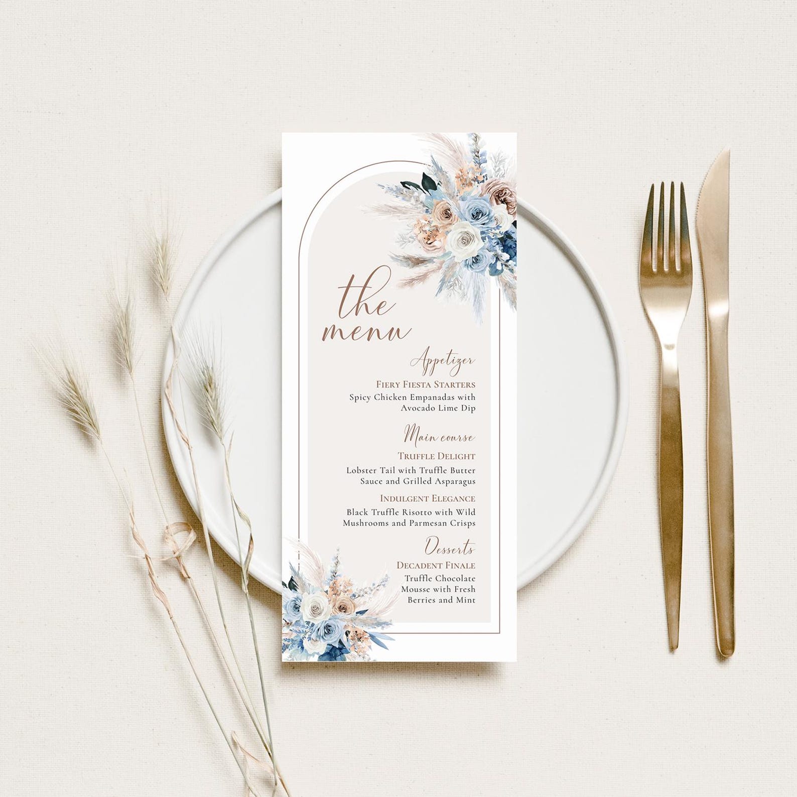 Blue Boho Wedding Menu Template: Editable Dinner Menu (digital Download ...