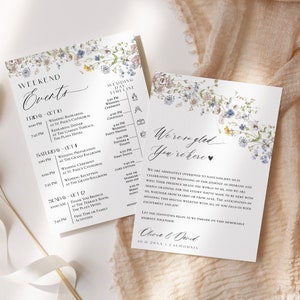 Plantilla de notas para bolsas de bienvenida de boda con flores silvestres, plantilla de itinerario de boda minimalista, cronograma de eventos de fin de semana, itinerario de fin de semana