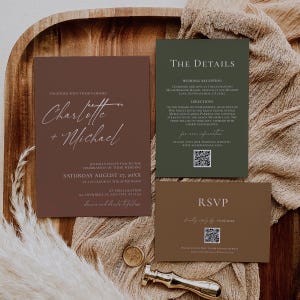May include: A wedding invitation suite featuring three cards in shades of brown and green. The main invitation card has the names "Charlotte + Michael" in elegant script. The details card and RSVP card include text and QR codes.