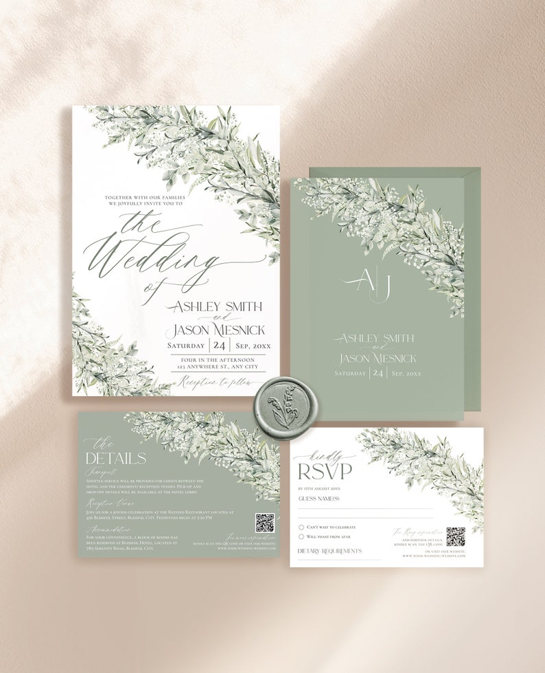 May include: Wedding invitation suite with a green and white floral design. The invitation features the text "the wedding of Ashley Smith and Jason Mesnick" with the date and time of the wedding. The RSVP card includes a QR code and the text "kindly RSVP".