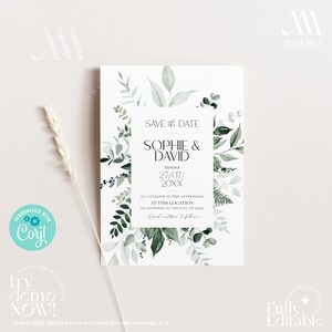 Eucalyptus Wedding Save the Date Template, Modern Save the Date Cards, Electronic Save the Date Template Minimalist Wedding D001