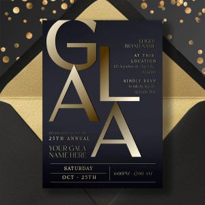 May include: A navy blue gala invitation with gold lettering and accents. The word "GALA" is prominently displayed, along with event details, including the date, time, and RSVP information. The invitation is set against a black and gold background.