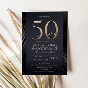 May include: A formal invitation for a 50th wedding anniversary. The design features gold text on a dark navy background. The invitation includes the names Traci and Steve, the date, time, and location.