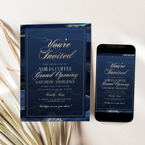Navy blue and gold Grand Opening Invitation Template, perfect for business launch or store opening, fully editable digital file.