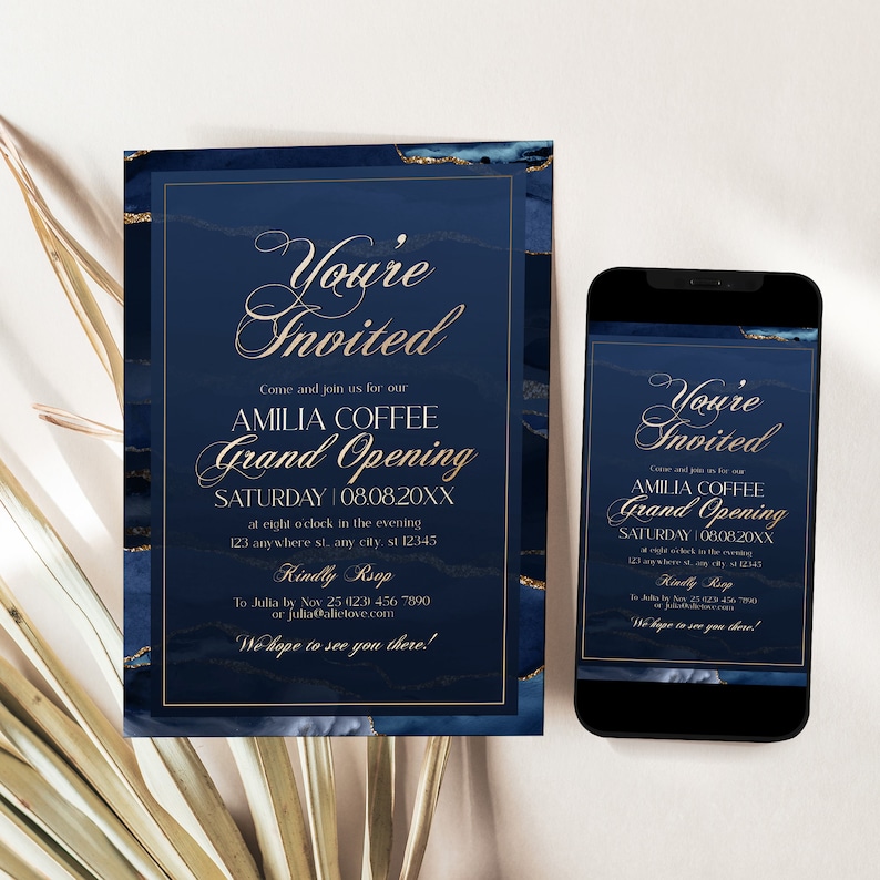 Navy blue and gold Grand Opening Invitation Template, perfect for business launch or store opening, fully editable digital file.