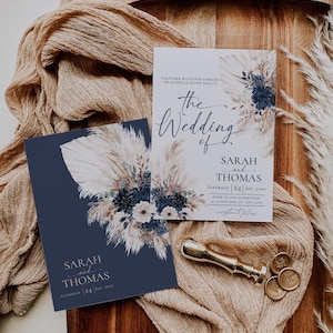 Modèle de faire-part de mariage bleu marine bohème, carte d'invitations de mariage bohème, modèle de mariage Bohème bleu marine QR Code E108