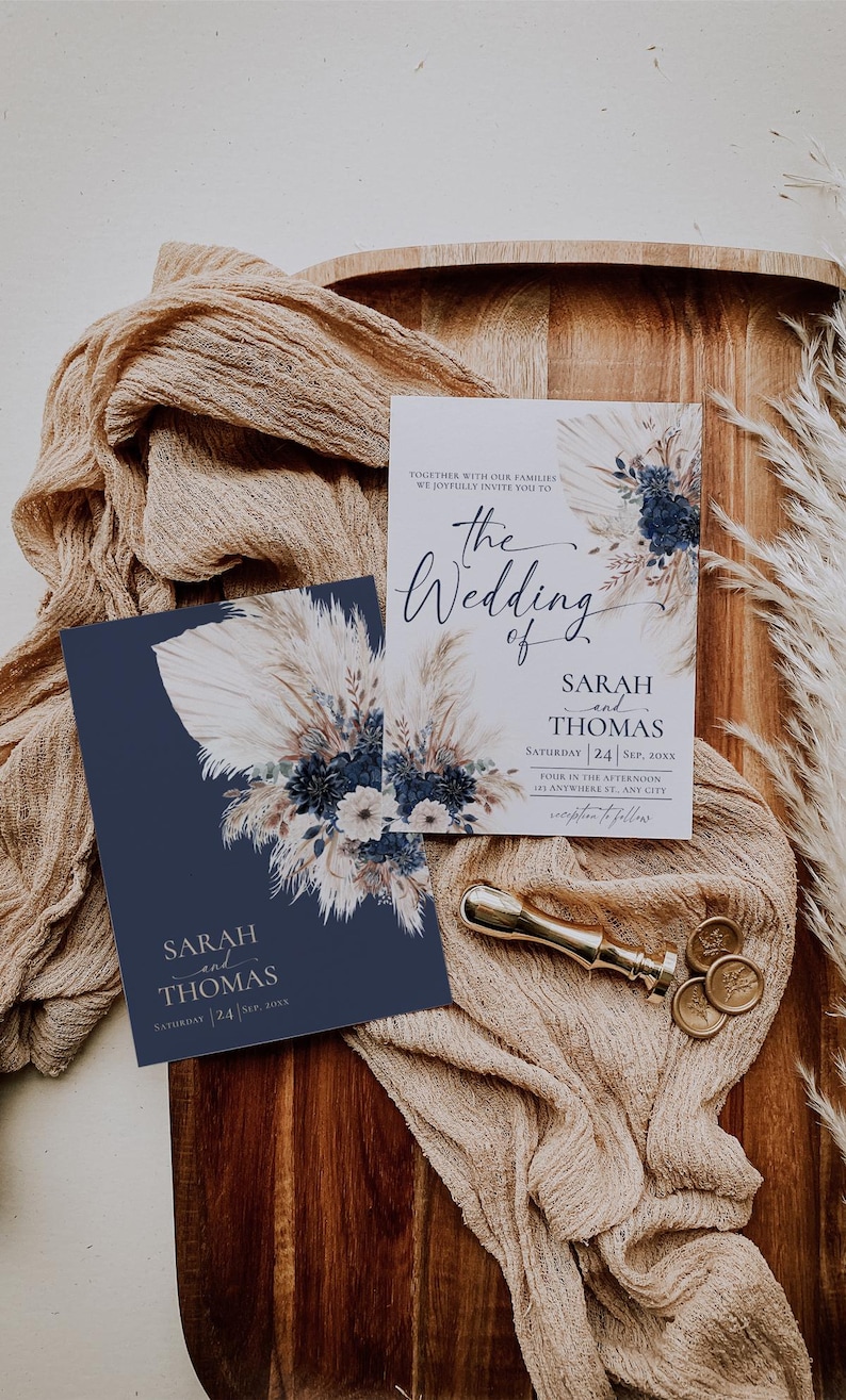 Boho Navy Wedding Invitation Template, Bohemian Wedding Invitations Card, Navy Blue Boho Wedding Template QR Code E108