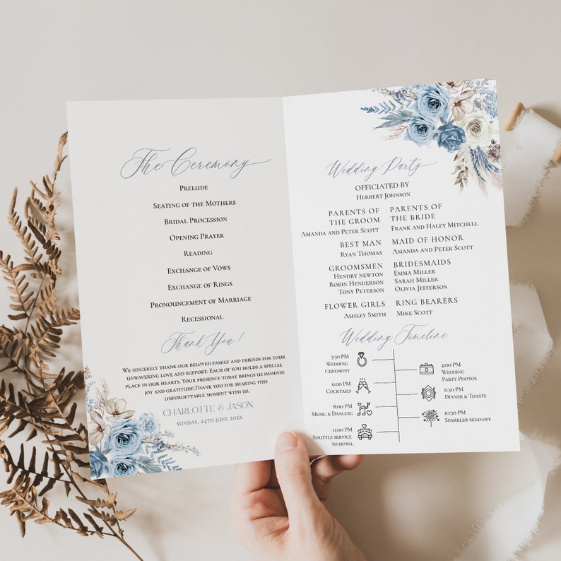 May include: A wedding ceremony program with a blue and white floral design. The program includes the order of the ceremony, the wedding party, and a wedding timeline. The text on the program includes the names of the bride and groom, Charlotte and Jason, and the date of the wedding, Sunday, 24th June 20XX.