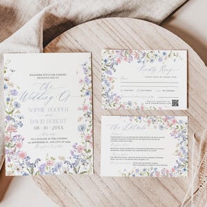 Modelo de convite de casamento com flores pastel editável, conjunto de convites de casamento com jardim floral, convite de casamento botânico de primavera D032