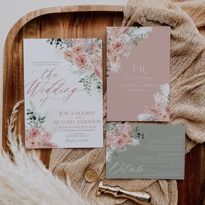 May include: Wedding invitation suite with a blush pink and green floral design. The invitation features the text "The Wedding of Jesica Hooper and Richard Anderson" with the date and time of the wedding. The RSVP card features the text "Details" and includes information about the reception and accommodation.