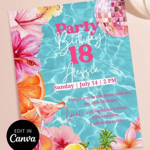 May include: A party invitation with a turquoise background featuring watercolor flowers, a disco ball, and a cocktail. The invitation reads "Party Birthday 18 Alessia" with event details and location.