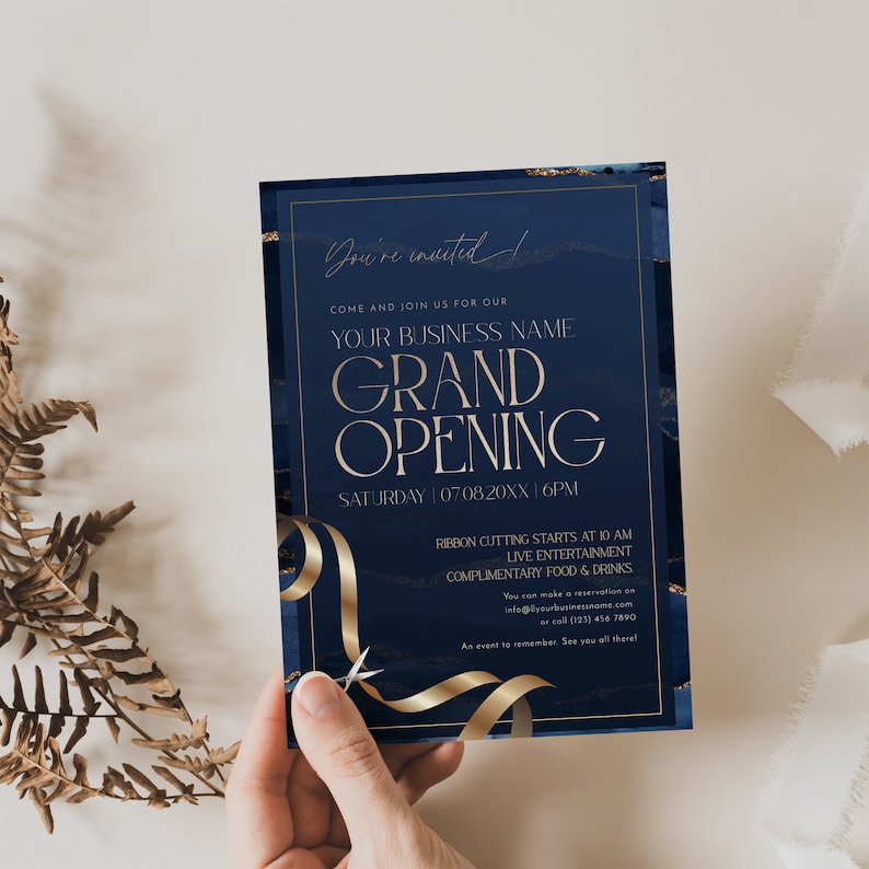 Navy and gold grand opening flyer template, elegant business invitation and corporate event invite.