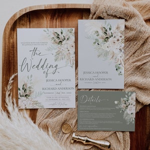 May include: A wedding invitation suite featuring three rectangular cards with floral and pampas grass illustrations. The text includes the names Jessica Hooper and Richard Anderson, wedding details, and a separate details card with a sage green background.