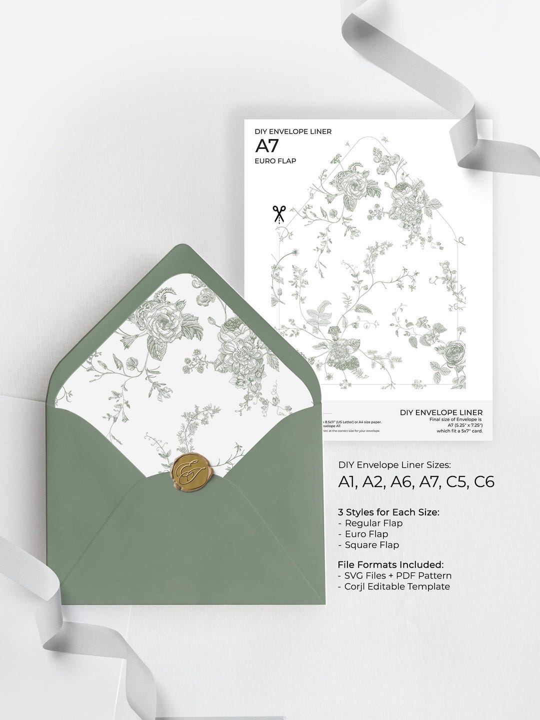 Vintage Green Monogram Wedding Envelope Liners Template | DIY A7 ...