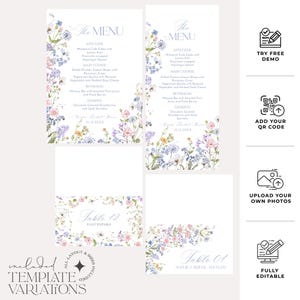K&ouml;nnte beinhalten: Eine druckbare Hochzeitsmen&uuml;-Vorlage mit floralem Design. Das Men&uuml; umfasst Vorspeisen, Hauptgericht, Getr&auml;nke und Desserts. Die Vorlage ist vollst&auml;ndig editierbar und enth&auml;lt Tischnummern.