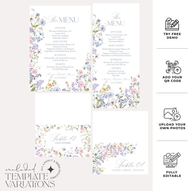 K&ouml;nnte beinhalten: Eine druckbare Hochzeitsmen&uuml;-Vorlage mit floralem Design. Das Men&uuml; umfasst Vorspeisen, Hauptgericht, Getr&auml;nke und Desserts. Die Vorlage ist vollst&auml;ndig editierbar und enth&auml;lt Tischnummern.