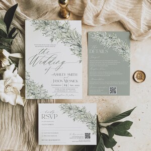 May include: A wedding invitation suite with a leafy green and white floral design. The invitation card features the text "The Wedding of Ashley Smith and Jason Mesnick" with the date "Saturday 24 Sep, 20XX". The RSVP card includes a QR code and the text "Kindly RSVP".