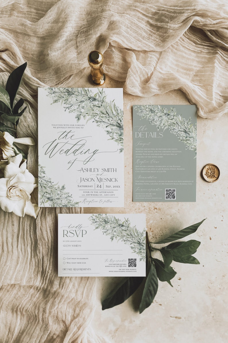 May include: A wedding invitation suite with a leafy green and white floral design. The invitation card features the text "The Wedding of Ashley Smith and Jason Mesnick" with the date "Saturday 24 Sep, 20XX". The RSVP card includes a QR code and the text "Kindly RSVP".