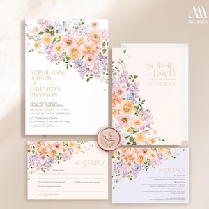May include: A wedding invitation suite featuring watercolor peach ranunculus and purple lilac floral arrangements. The set includes a main invitation, a details card, a reply card, and a round wax seal with a floral embossed design.