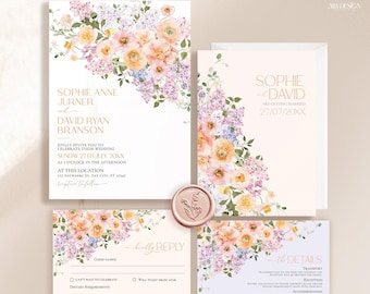Vorlage für eine florale Hochzeitseinladung: Pfirsich- und Lila-Garten (Digitaler Download) E023