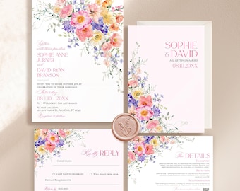 Colorful Floral Wedding Invitation Set: Editable Spring Flowers (Digital Download)