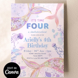 May include: A mermaid-themed invitation with the text "IT'S TIME FOUR" and "Arielly's 4th Birthday." The design features mermaid tails, jellyfish, and aquatic plants in pastel colors. The invitation includes event details and RSVP information.