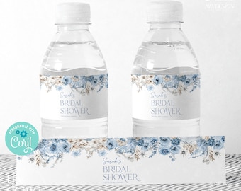 Dusty blue bridal shower water bottle label, Water bottle wrapper Printable Labels B012
