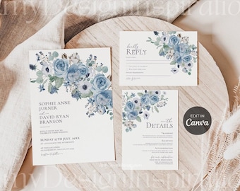 Dusty Blue Floral Wedding Invitation Suite Template (Canva Editable)