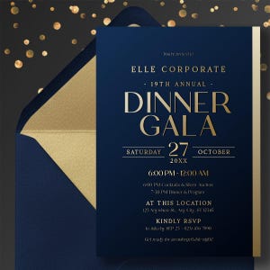 Luxury Navy Gold Dinner Gala Invitation Template 5x7 | Editable Corporate Event Invite | Formal Annual Party E-Vite Corjl