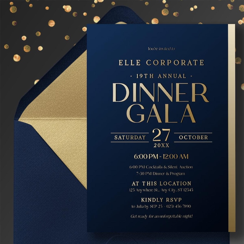 Luxury Navy Gold Dinner Gala Invitation Template 5x7 | Editable Corporate Event Invite | Formal Annual Party E-Vite Corjl