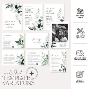 May include: A set of wedding invitation templates with a green and white floral design. The templates include a save the date card, invitation, RSVP card, details card, and thank you card. The templates are fully editable and include all layout and sizes.