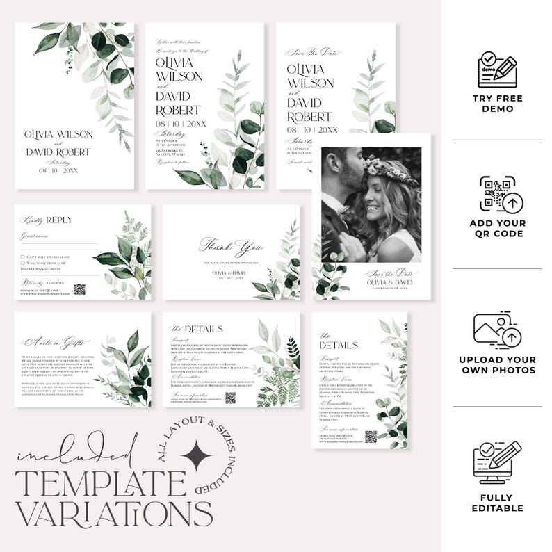 May include: A set of wedding invitation templates with a green and white floral design. The templates include a save the date card, invitation, RSVP card, details card, and thank you card. The templates are fully editable and include all layout and sizes.