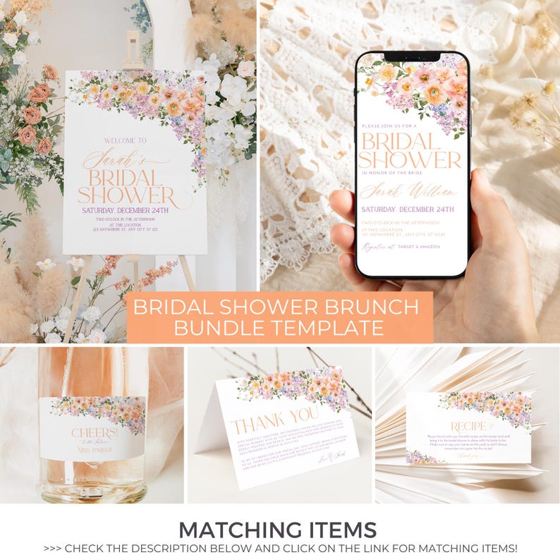 May include: A printable bridal shower brunch bundle template with a floral design. The template includes a welcome sign, invitation, thank you card, and recipe card. The floral design features pink, purple, and yellow flowers.