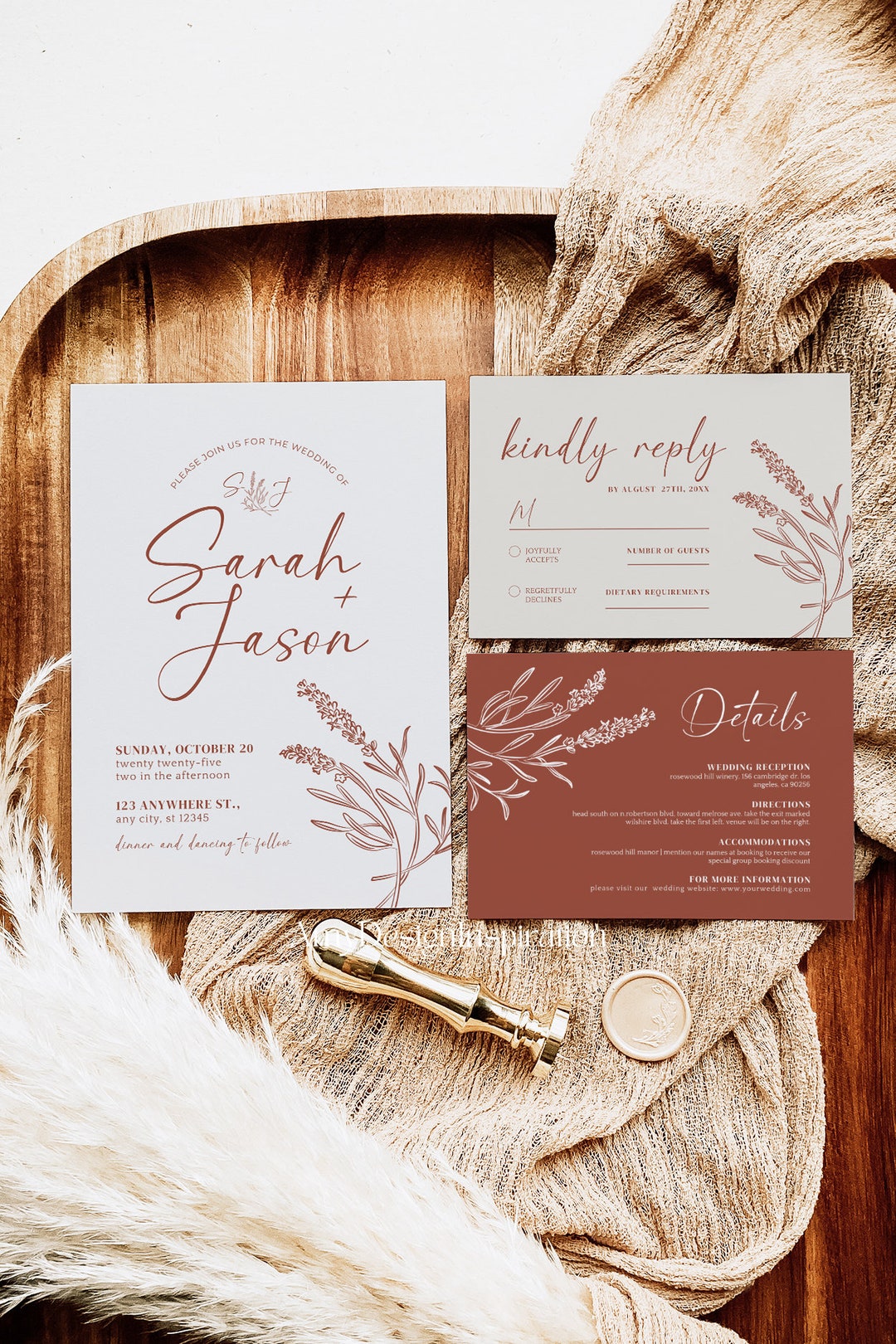 Terracotta Boho Wedding Invitation, Modern Terracotta Boho Invitation