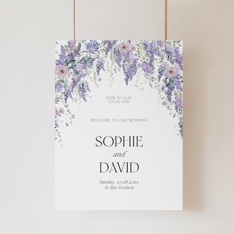 Purple Wisteria Wedding Welcome Sign Template, Welcome to Our Wedding Sign, Purple Wedding Signage, Floral Welcome Sign Welcome Poster D014