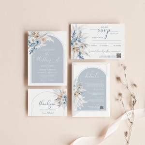 Blaue Hochzeitseinladungs-Vorlage, Staubblaues Boho-Hochzeits-Einladungsset, Blaue Boho-Hochzeitsvorlage QR-Code ACB028