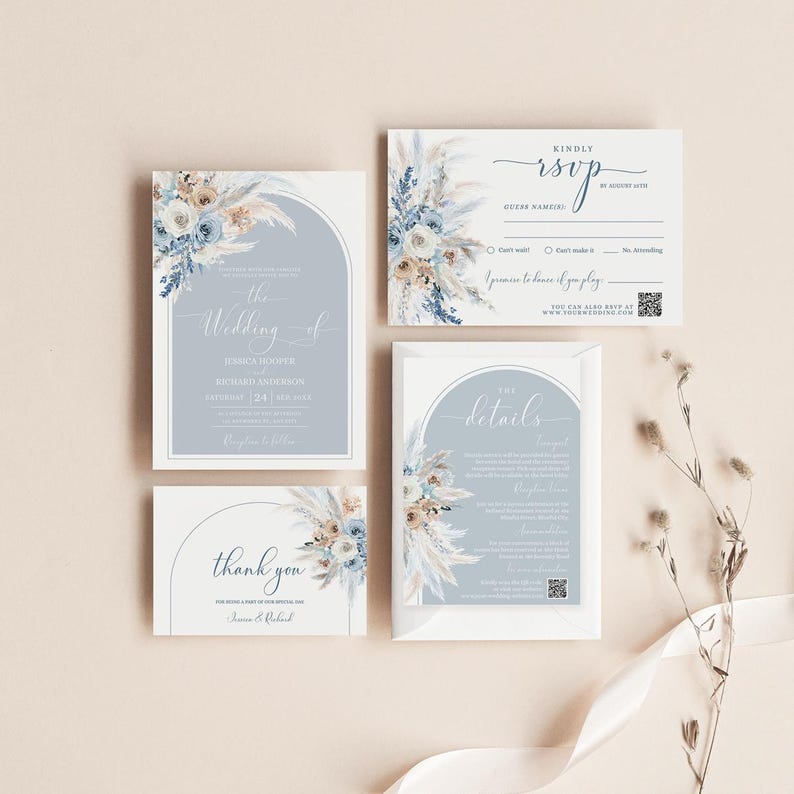 May include: A wedding invitation suite with a blue and white color scheme. The invitation features a floral design with pampas grass and the text "the wedding of" followed by the couple's names and wedding date. The RSVP card includes a QR code and the text "kindly rsvp by August 10th". The details card features the text "the details" and a floral design. The thank you card features the text "thank you" and a floral design.