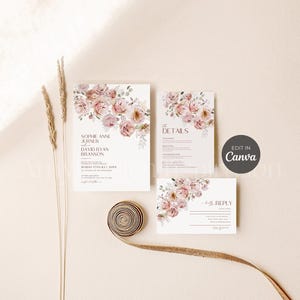 Blumenhochzeitseinladungs-Set, Blush Pink Hochzeitseinladung Set, Dusty Roses Eukalyptus Hochzeitseinladung Canva Template #442