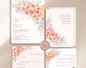 Peach Floral Wedding Invitation Set, Spring Wedding Invite Template Editable, Coral Pink Wedding