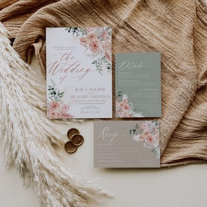 May include: A wedding invitation suite with a floral design. The invitation features a watercolor illustration of pink roses and greenery. The RSVP card has a floral design and the text "RSVP" in cursive. The details card has a floral design and the text "Details" in cursive.